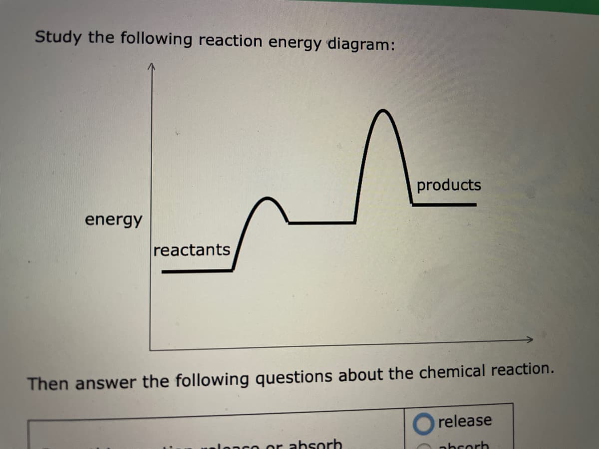 Study the following reaction energy diagram:
products
energy
reactants
Then answer the following questions about the chemical reaction.
release
ahsorh
nhrorh
