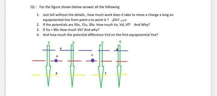 Q1: For the figure shown below answer all the following
1. Just tell without the details , how much work does it take to move a charge a long an
equipotential line from point a to point b ? jäl j
2. If the potentials are 50v, 15v, 30v. How much Va, Vd, Vf? And Why?
3. If Va = 90v How much Vb? And why?
4. And how much the potential difference Vcd on the first equipotential line?
