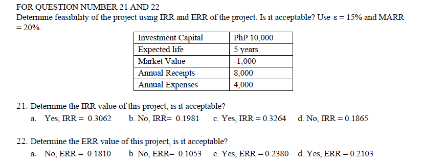 FOR QUESTION NUMBER 21 AND 22
Determine feasibility of the project using IRR and ERR of the project. Is it acceptable? Use & = 15% and MARR
= 20%.
Investment Capital
PhP 10,000
Expected life
5 years
Market Value
-1,000
Annual Receipts
8,000
Annual Expenses
4,000
21. Determine the IRR value of this project, is it acceptable?
a. Yes, IRR = 0.3062
b. No, IRR= 0.1981
c. Yes, IRR = 0.3264
d. No, IRR 0.1865
22. Determine the ERR value of this project, is it acceptable?
a. No, ERR = 0.1810
b. No, ERR= 0.1053 c. Yes, ERR = 0.2380 d. Yes, ERR = 0.2103