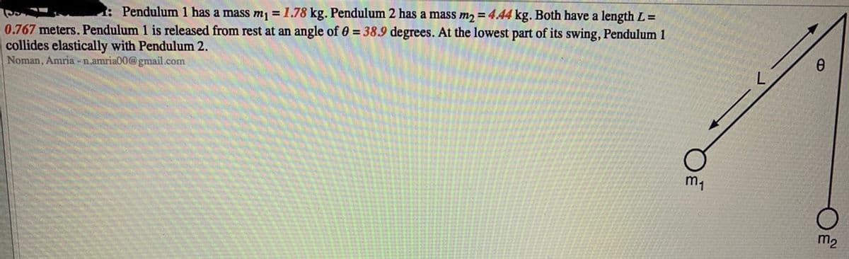 0.767 meters. Pendulum 1 is released from rest at an angle of 0 = 38.9 degrees. At the lowest part of its swing, Pendulum 1
collides elastically with Pendulum 2.
Noman, Amria -n.amria00@gmail.com
Pendulum 1 has a mass m =1.78 kg. Pendulum 2 has a mass m2 = 4.44 kg. Both have a length L =
m1
m2
