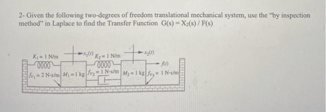 2- Given the following two-degrees of freedom translational mechanical system, use the "by inspection
method" in Laplace to find the Transfer Function G(s) = X₂(s)/F(s)
x₂(1)
K₁ = 1 N/m
x₁(1) K₂= 1 N/m
0000
0000
fv₁ = 2 N-s/m| M₁ = 1 kg|fv₂ = 1 N-s/m| M₂= 1 kg|fy₂ = 1 N-s/m