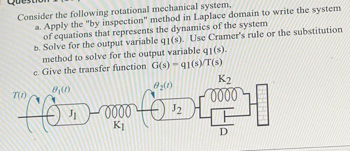 Consider the following rotational mechanical system,
a. Apply the "by inspection" method in Laplace domain to write the system
of equations that represents the dynamics of the system
b. Solve for the output variable q1(s). Use Cramer's rule or the substitution
method to solve for the output variable q1(s).
c. Give the transfer function G(s) = 91(s)/T(s)
0₁ (1)
T(1)
J1
82(1)
oför
J2
oooo
K₁
K2
oooo
D
