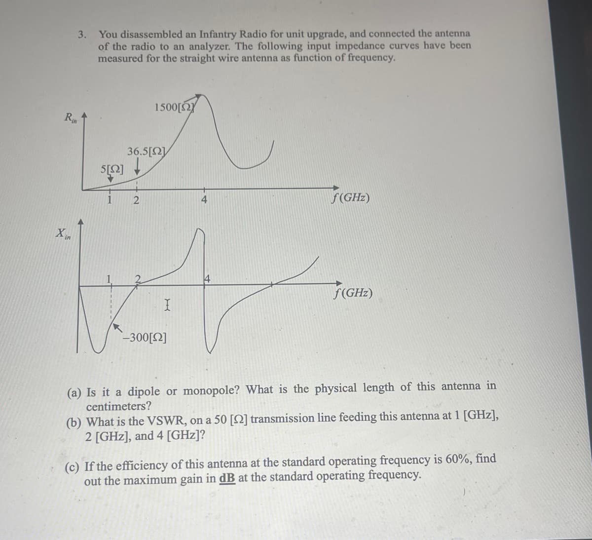 3.
Rin
Xin
You disassembled an Infantry Radio for unit upgrade, and connected the antenna
of the radio to an analyzer. The following input impedance curves have been
measured for the straight wire antenna as function of frequency.
5[22]
1
1500[Ω]
36.5[Ω]
2
4
ket
14
-300[2]
f(GHz)
f(GHz)
(a) Is it a dipole or monopole? What is the physical length of this antenna in
centimeters?
(b) What is the VSWR, on a 50 [2] transmission line feeding this antenna at 1 [GHz],
2 [GHz], and 4 [GHz]?
(c) If the efficiency of this antenna at the standard operating frequency is 60%, find
out the maximum gain in dB at the standard operating frequency.