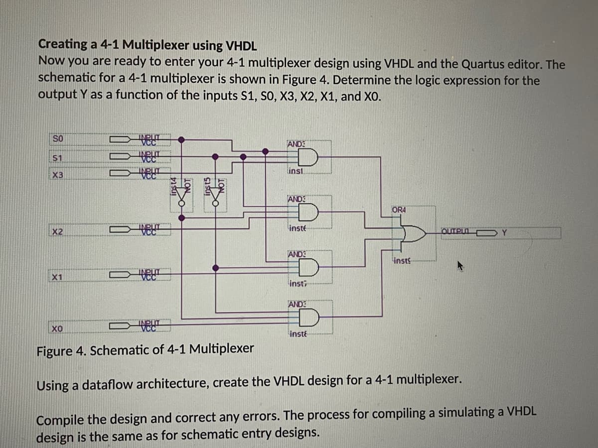 Creating a 4-1 Multiplexer using VHDL
Now you are ready to enter your 4-1 multiplexer design using VHDL and the Quartus editor. The
schematic for a 4-1 multiplexer is shown in Figure 4. Determine the logic expression for the
output Y as a function of the inputs S1, SO, X3, X2, X1, and XO.
SO
$1
X3
X2
X1
INDILIT
INPUT
INPUT
VCC
INPUT
VCC
INPUT
VCC
INPUT
VCC
AND:
inst
AND
inste
AND3
instr
AND3
OR4
inste
insts
OUTPU
Y
хо
Figure 4. Schematic of 4-1 Multiplexer
Using a dataflow architecture, create the VHDL design for a 4-1 multiplexer.
Compile the design and correct any errors. The process for compiling a simulating a VHDL
design is the same as for schematic entry designs.