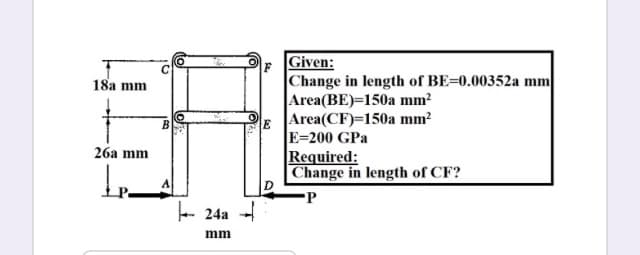 Given:
F
|Change in length of BE=0.00352a mm
Area(BE)=150a mm?
Area(CF)=150a mm?
E=200 GPa
Required:
|Change in length of CF?
18a mm
2ба mm
P
- 24a -
mm
