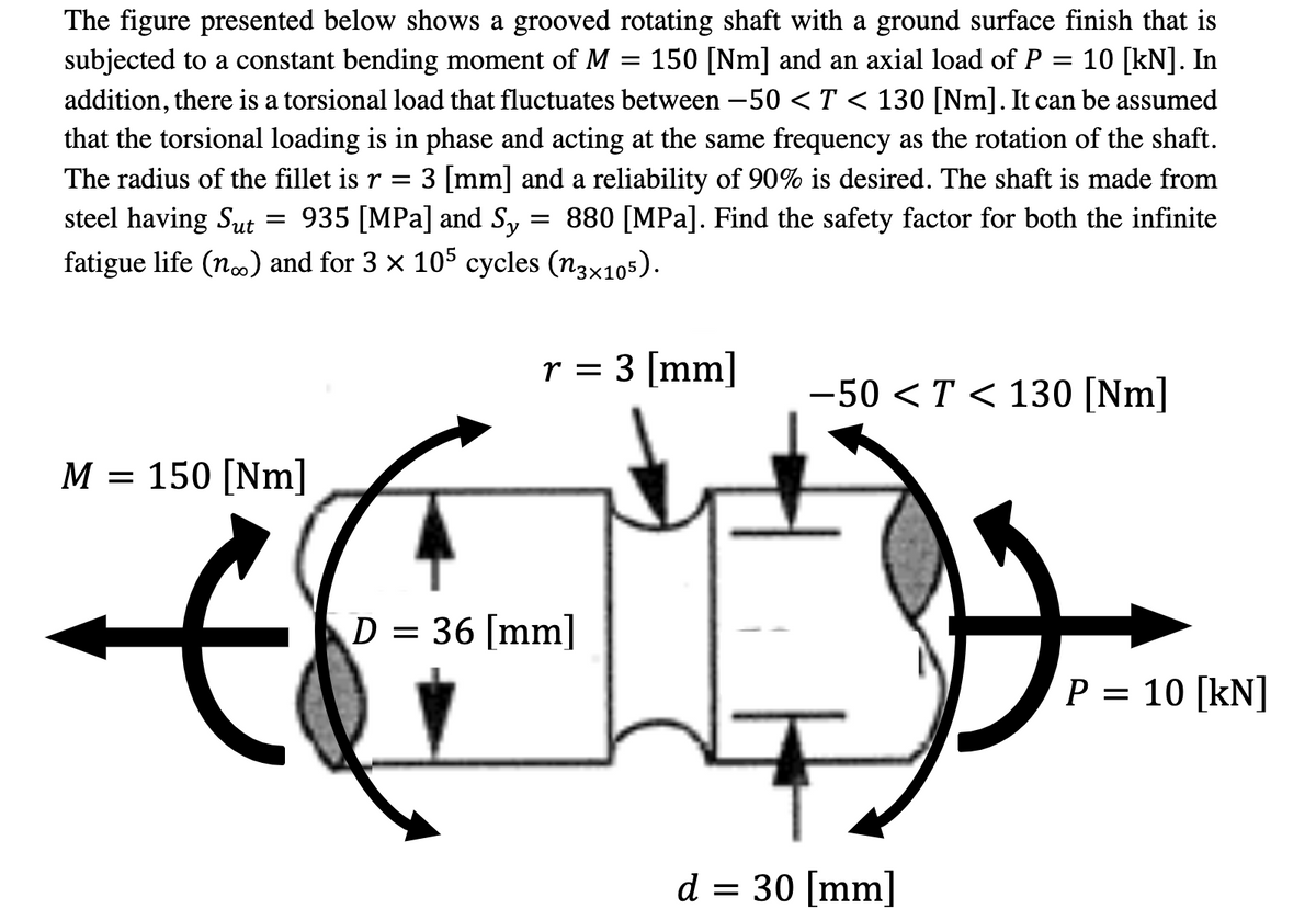 The figure presented below shows a grooved rotating shaft with a ground surface finish that is
subjected to a constant bending moment of M = 150 [Nm] and an axial load of P = 10 [kN]. In
addition, there is a torsional load that fluctuates between −50 < T < 130 [Nm]. It can be assumed
that the torsional loading is in phase and acting at the same frequency as the rotation of the shaft.
The radius of the fillet is r = 3 [mm] and a reliability of 90% is desired. The shaft is made from
steel having Sut 935 [MPa] and Sy = 880 [MPa]. Find the safety factor for both the infinite
fatigue life (n.) and for 3 × 105 cycles (n3×105).
=
M = 150 [Nm]
to
r = 3 [mm]
D = 36 [mm]
-50 < T < 130 [Nm]
d = 30 [mm]
P = 10 [kN]