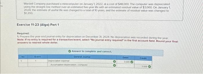 Wardell Company purchased a minicomputer on January 1, 2022, at a cost of $48,000 The computer was depreciated
using the straight-line method over an estimated five-year life with an estimated residual value of $3,000. On January 1.
2024, the estimate of useful life was changed to a total of 10 years, and the estimate of residual value was changed to
$1,200
Exercise 11-23 (Algo) Part 1
Required:
1. Prepare the year-end journal entry for depreciation on December 31, 2024 No depreciation was recorded during the year
Note: If no entry is required for a transaction/event, select "No journal entry required" in the first account field. Round your final
answers to nearest whole dollar.
No
1
Event
1
Answer is complete and correct.
General Journal
Depreciation expense
Accumulated depreciation-computer
Debit
3,600Ⓒ
Credit
1600