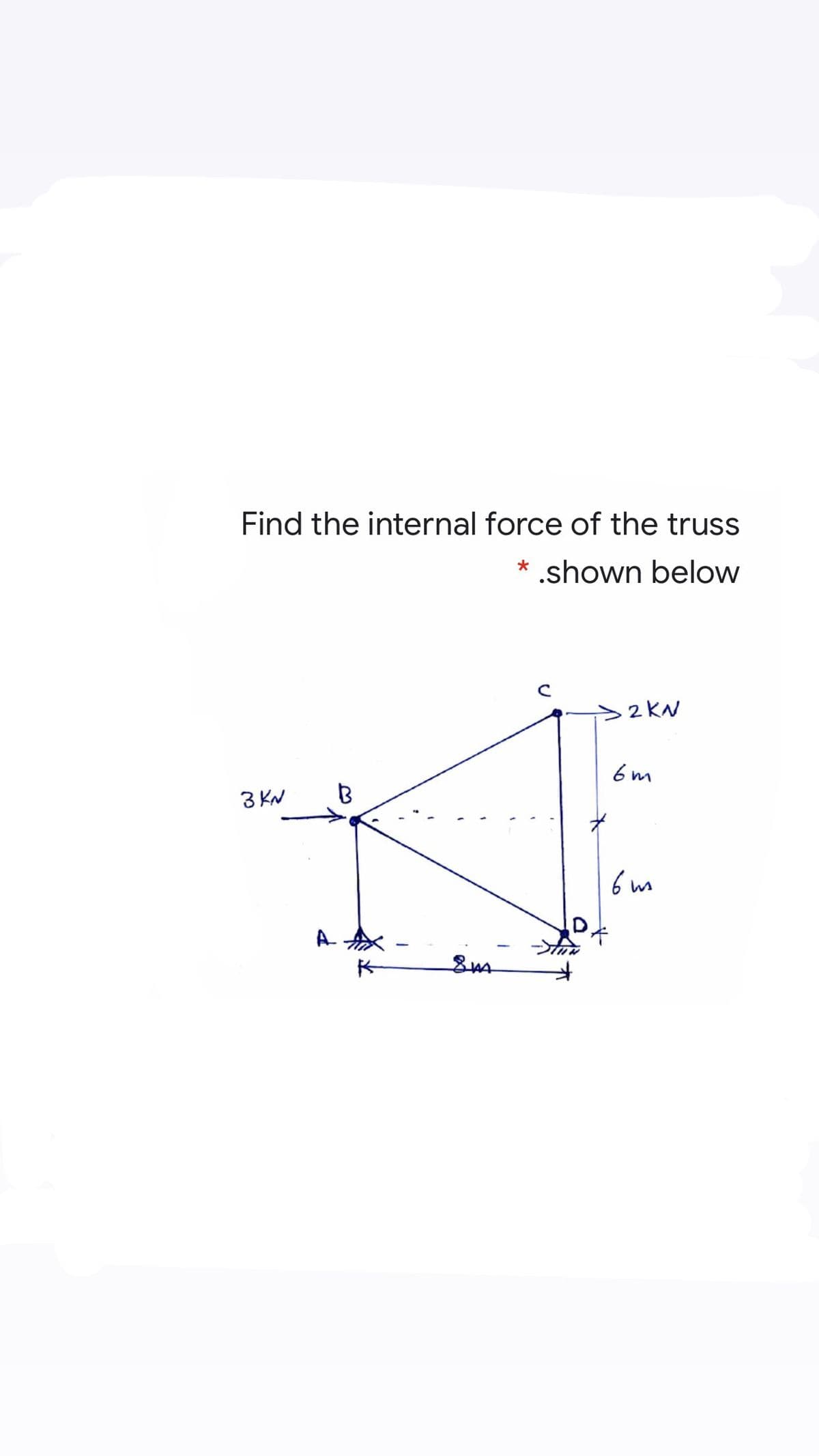 Find the internal force of the truss
* .shown below
>2KN
6 m
3 KN
A
