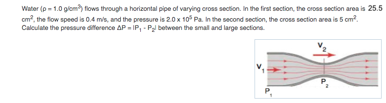 Water (p = 1.0 g/cm³) flows through a horizontal pipe of varying cross section. In the first section, the cross section area is 25.5
cm?, the flow speed is 0.4 m/s, and the pressure is 2.0 x 105 Pa. In the second section, the cross section area is 5 cm?.
Calculate the pressure difference AP = IP, - P2l between the small and large sections.
P,
