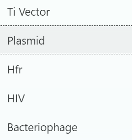Ti Vector
Plasmid
Hfr
HIV
Bacteriophage