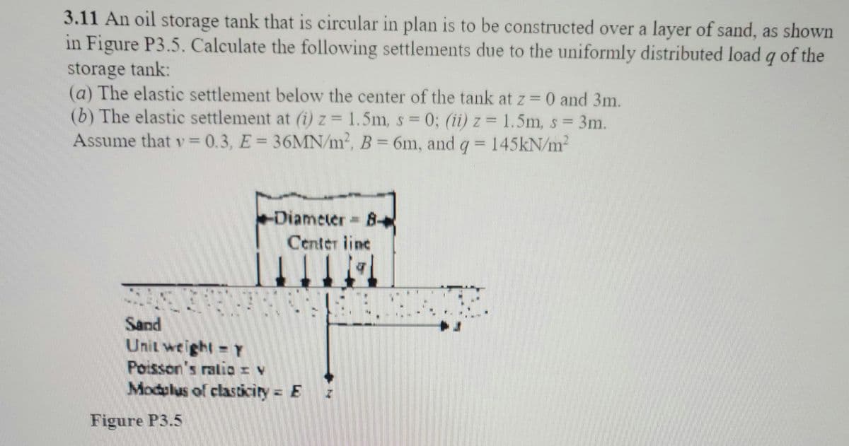 3.11 An oil storage tank that is circular in plan is to be constructed over a layer of sand, as shown
in Figure P3.5. Calculate the following settlements due to the uniformly distributed load g of the
storage tank:
9
(a) The elastic settlement below the center of the tank at z = 0 and 3m.
(b) The elastic settlement at (i) z = 1.5m, s = 0; (ii) z = 1.5m, s = 3m.
Assume that v = 0.3, E = 36MN/m², B = 6m, and q = 145kN/m²
Diameter 8-
Center line
TE
Sand
Unit weight - Y
Poisson's ratio = v
Modulus of clasticity = Ez
Figure P3.5