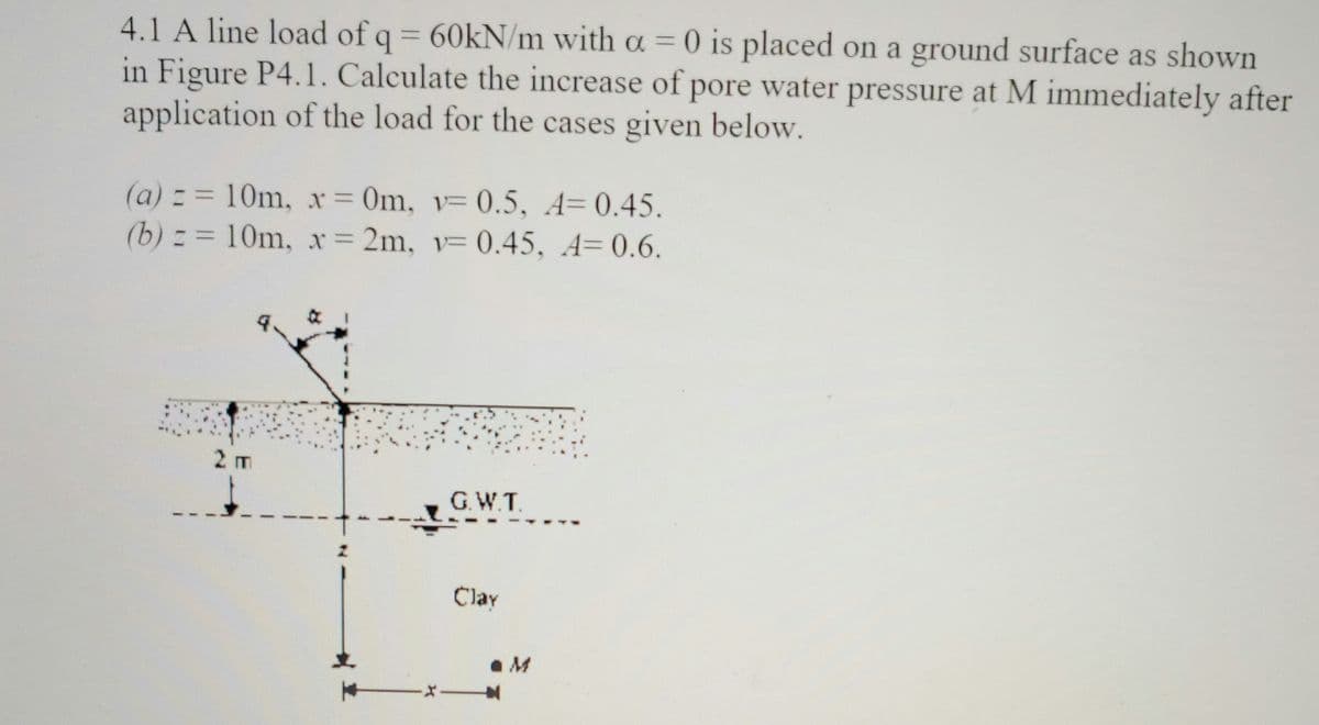 4.1 A line load of q = 60kN/m with a = 0 is placed on a ground surface as shown
in Figure P4.1. Calculate the increase of pore water pressure at M immediately after
application of the load for the cases given below.
(a) z = 10m, x = 0m, v=0.5, A=0.45.
(b) == 10m, x= 2m, v= 0.45, A=0.6.
2 m
4.
G.W.T.
Clay
XI
1