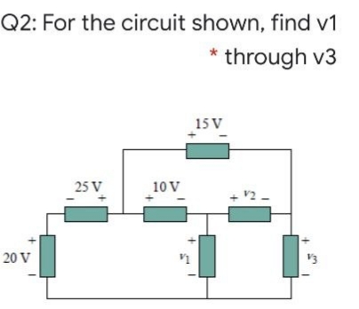 Q2: For the circuit shown, find v1
through v3
15 V
25 V
10 V
20 V
