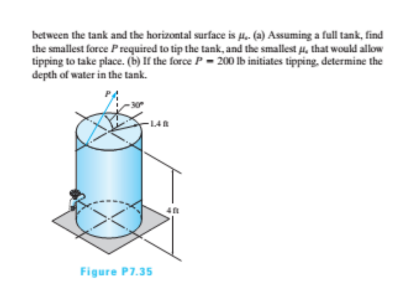 between the tank and the horizontal surface is u.. (a) Assuming a full tank, find
the smallest force Prequired to tip the tank, and the smallest µ, that would allow
tipping to take place. (b) If the force P- 200 lb initiates tipping, determine the
depth of water in the tank.
-L4R
Figure P7.35
