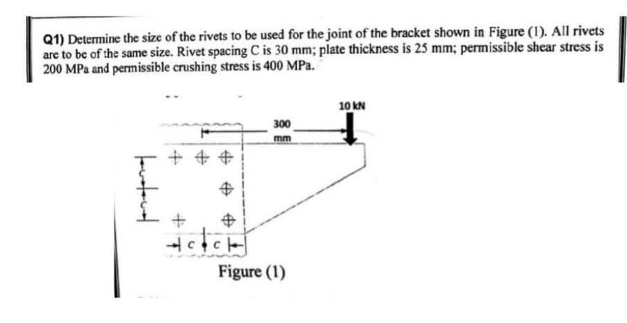 Q1) Determine the size of the rivets to be used for the joint of the bracket shown in Figure (1). All rivets
are to be of the same size. Rivet spacing C is 30 mm; plate thickness is 25 mm; permissible shear stress is
200 MPa and permissible crushing stress is 400 MPa.
kukood
+ +
+
ACICH
300
mm
Figure (1)
10 KN