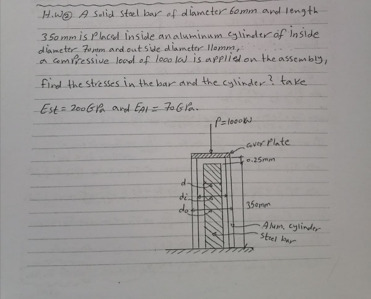 H.W A Solid Steel bar of dlameter 6omm and length
350 mm is Placed inside an aluminum cylinder öf Inside
diameter Femm and out side d lameter Ilomm,
a comPressive load of looo lais applied on the assembly,
find the stresses in the bar and the cylinder ? take
Est = 200GPa and EAl = F0GPan
%3D
Cover Plate
0.25mm
d-
do
35omm
A lum. cylinder
Steel bar
