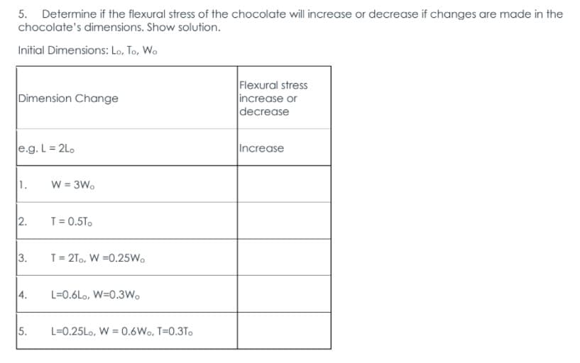 5. Determine if the flexural stress of the chocolate will increase or decrease if changes are made in the
chocolate's dimensions. Show solution.
Initial Dimensions: Lo, To, Wo
Flexural stress
increase or
decrease
Dimension Change
e.g. L = 2Lo
Increase
1.
W = 3W.
2.
T = 0.5To
3.
T= 2To, W =0.25W.
4.
L=0.6Lo, W=0.3W.
5.
L=0.25Lo, W = 0.6Wo, T=0.3To
%3D
