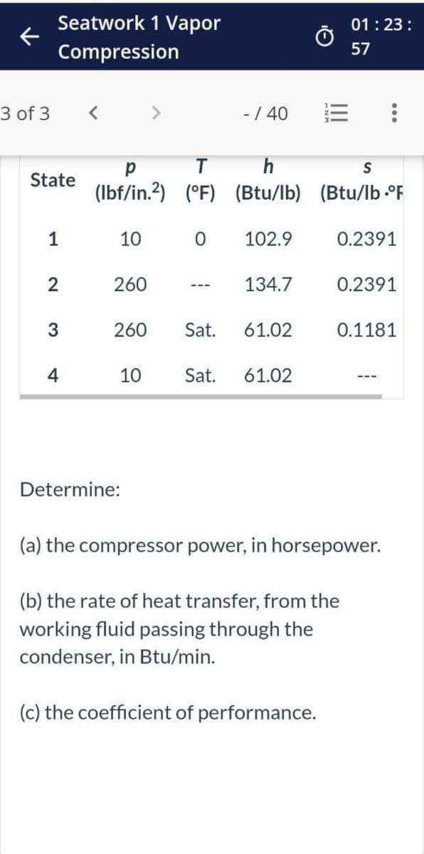 3 of 3
Seatwork 1 Vapor
Compression
State
1
2
3
4
<
10
260
260
>
р
T
S
(lbf/in.2) (°F) (Btu/lb) (Btu/lb.°F
0.2391
Determine:
- / 40
0
102.9
134.7
Sat. 61.02
10 Sat. 61.02
01:23:
57
(c) the coefficient of performance.
:
0.2391
(a) the compressor power, in horsepower.
(b) the rate of heat transfer, from the
working fluid passing through the
condenser, in Btu/min.
0.1181