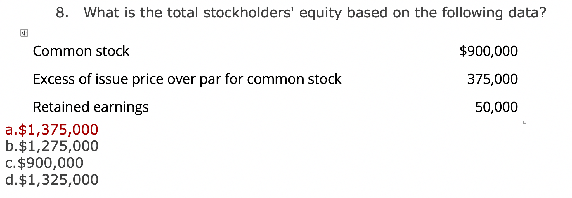 8.
What is the total stockholders' equity based on the following data
Common stock
$900,000
Excess of issue price over par for common stock
375,000
Retained earnings
50,000
a.$1,375,000
b.$1,275,000
c.$900,000
d.$1,325,000
田
