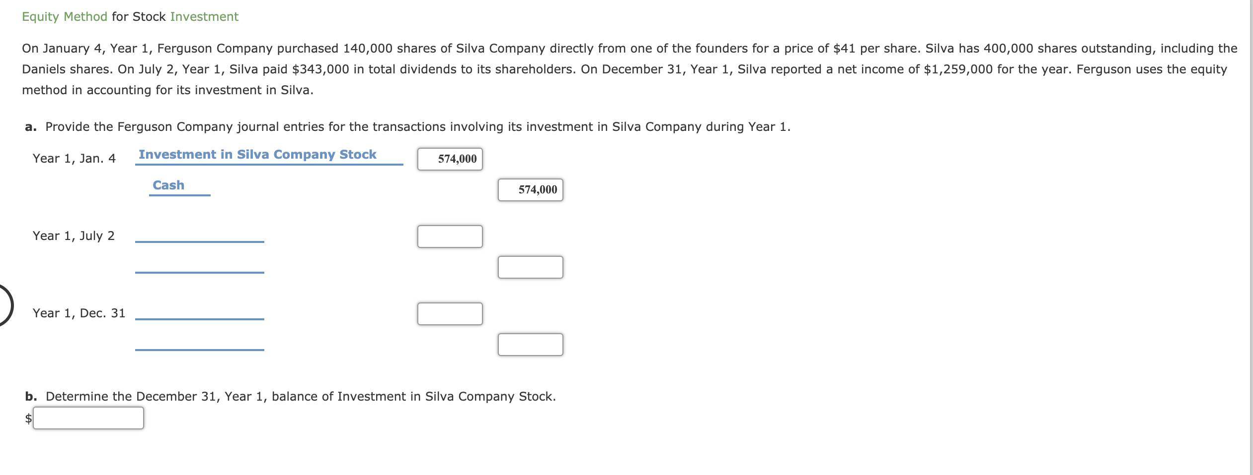 Equity Method for Stock Investment
On January 4, Year 1, Ferguson Company purchased 140,000 shares of Silva Company directly from one of the founders for a price of $41 per share. Silva has 400,000 shares outstanding, including the
Daniels shares. On July 2, Year 1, Silva paid $343,000 in total dividends to its shareholders. On December 31, Year 1, Silva reported a net income of $1,259,000 for the year. Ferguson uses the equity
method in accounting for its investment in Silva.
a. Provide the Ferguson Company journal entries for the transactions involving its investment in Silva Company during Year 1.
Year 1, Jan. 4
Investment in Silva Company Stock
574,000
Cash
574,000
Year 1, July 2
Year 1, Dec. 31
b. Determine the December 31, Year 1, balance of Investment in Silva Company Stock.
$
