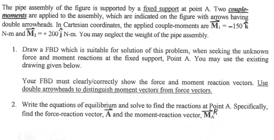 The pipe assembly of the figure is supported by a fixed support at point A. Two couple-
moments are applied to the assembly, which are indicated on the figure with arrows having
double arrowheads. In Cartesian coordinates, the applied couple-moments are M, = -150 k
N-m and M2 =+ 200 j N-m. You may neglect the weight of the pipe assembly.
1. Draw a FBD which is suitable for solution of this problem, when seeking the unknown
force and moment reactions at the fixed support, Point A. You may use the existing
drawing given below.
Your FBD must clearly/correctly show the force and moment reaction vectors. Use
double arrowheads to distinguish moment vectors from force vectors.
2. Write the equations of equilibrium and solve to find the reactions at Point A. Specifically,
find the force-reaction vector, A and the moment-reaction vector, MÃ
