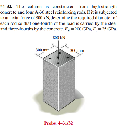 *4-32. The column is constructed from high-strength
concrete and four A-36 steel reinforcing rods. If it is subjected
to an axial force of 800 kN, determine the required diameter of
each rod so that one-fourth of the load is carried by the steel
and three-fourths by the concrete. Est=200 GPa, Ec=25 GPa.
800 KN
300 mm
300 mm
Probs. 4-31/32