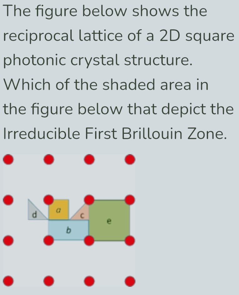 The figure below shows the
reciprocal lattice of a 2D square
photonic crystal structure.
Which of the shaded area in
the figure below that depict the
Irreducible First Brillouin Zone.
b