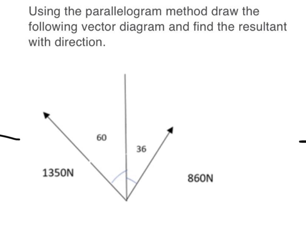 Using the parallelogram method draw the
following vector diagram and find the resultant
with direction.
60
36
1350N
860N
