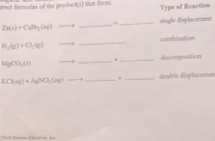 rect formulas of the prodacts) that form
Type of Reaction
Zn(s)+Culle Cog)
single displacement
combination
(D+ (H
MpCO(0)
decomposition
KCKag)+AgNO,(ag)
double displacemem
