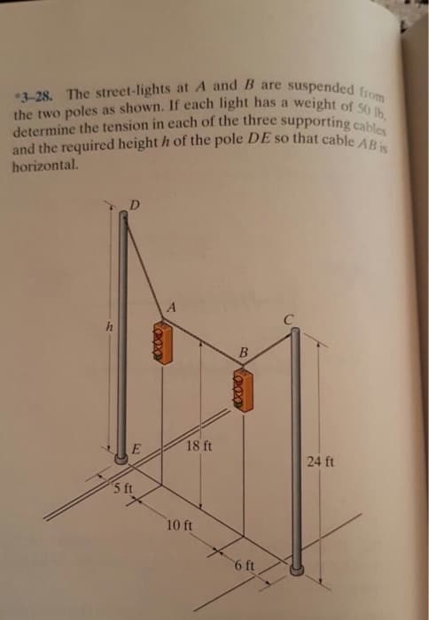 *3-28. The street-lights at A and B are suspended from
the two poles as shown. If each light has a weight of 50 lb,
and the required height h of the pole DE so that cable AB is
determine the tension in each of the three supporting cables
horizontal.
h
D
E
5 ft
Copp
18 ft
10 ft
B
ooos
6 ft
24 ft