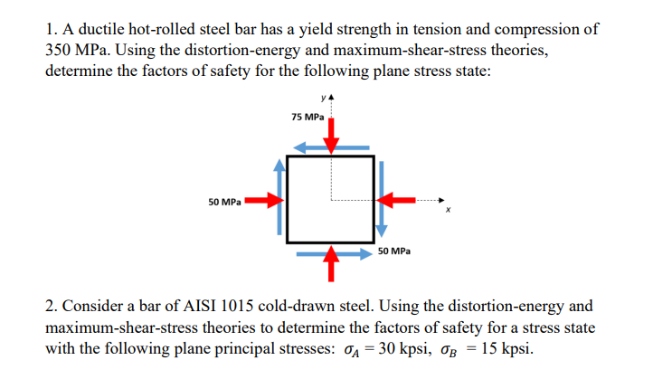 1. A ductile hot-rolled steel bar has a yield strength in tension and compression of
350 MPa. Using the distortion-energy and maximum-shear-stress theories,
determine the factors of safety for the following plane stress state:
75 MPa
50 MPa
50 MPa
2. Consider a bar of AISI 1015 cold-drawn steel. Using the distortion-energy and
maximum-shear-stress theories to determine the factors of safety for a stress state
with the following plane principal stresses: 0A = 30 kpsi, OB = 15 kpsi.
