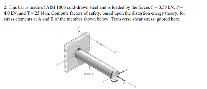2. This bar is made of AISI 1006 cold-drawn steel and is loaded by the forces F = 0.55 kN, P =
4.0 kN, and T = 25 N•m. Compute factors of safety, based upon the distortion energy theory, for
stress elements at A and B of the member shown below. Transverse shear stress ignored here.
100 mm
15-mm D.
