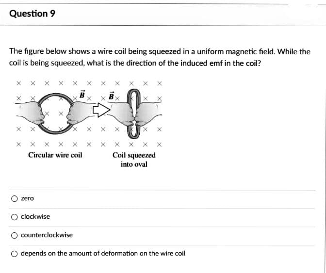 Question 9
The figure below shows a wire coil being squeezed in a uniform magnetic field. While the
coil is being squeezed, what is the direction of the induced emf in the coil?
X X
Circular wire coil
zero
clockwise
B
counterclockwise
X X X
Coil squeezed
into oval
O depends on the amount of deformation on the wire coil