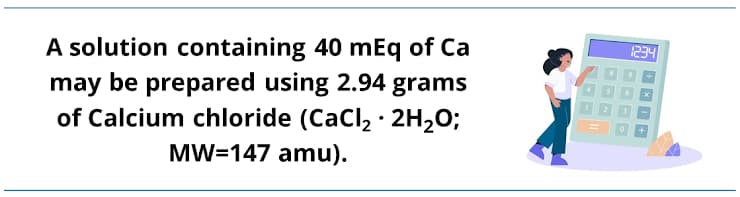A solution containing 40 mEq of Ca
may be prepared using 2.94 grams
of Calcium chloride (CaCl, · 2H2O;
1234
MW=147 amu).
