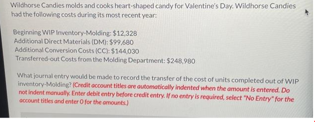 Wildhorse Candies molds and cooks heart-shaped candy for Valentine's Day. Wildhorse Candies
had the following costs during its most recent year:
Beginning WIP Inventory-Molding: $12,328
Additional Direct Materials (DM): $99,680
Additional Conversion Costs (CC): $144,030
Transferred-out Costs from the Molding Department: $248,980
What journal entry would be made to record the transfer of the cost of units completed out of WIP
inventory-Molding? (Credit account titles are automatically indented when the amount is entered. Do
not indent manually. Enter debit entry before credit entry. If no entry is required, select "No Entry" for the
account titles and enter O for the amounts.)