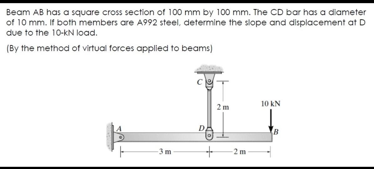 Beam AB has a square cross section of 100 mm by 100 mm. The CD bar has a diameter
of 10 mm. If both members are A992 steel, determine the slope and displacement at D
due to the 10-kN load.
(By the method of virtual forces applied to beams)
10 kN
2 m
D
3 m
2 m
