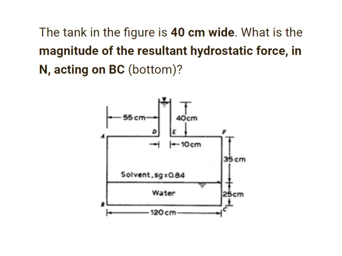 The tank in the figure is 40 cm wide. What is the
magnitude of the resultant hydrostatic force, in
N, acting on BC (bottom)?
T
40cm
↓
-110cm
55 cm-
D
Solvent,sg=0.84
Water
-120 cm-
35 cm
25cm