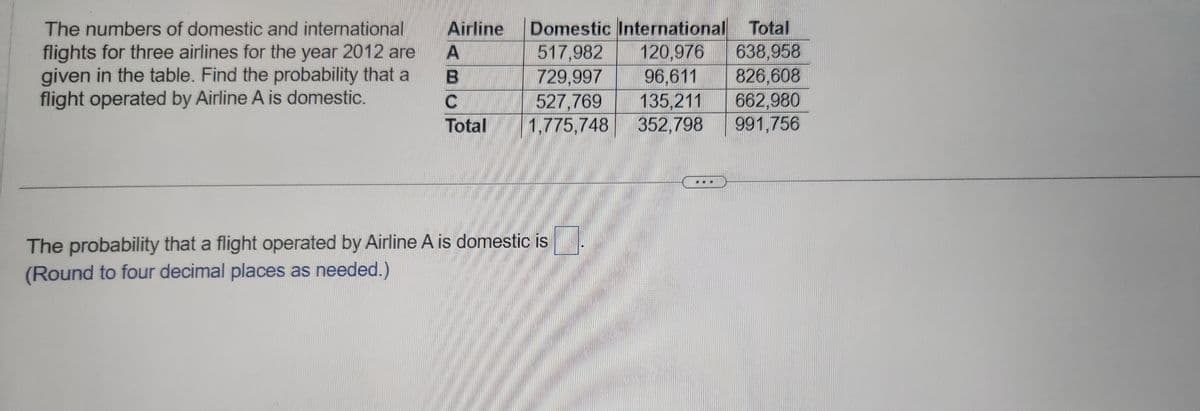 The numbers of domestic and international
flights for three airlines for the year 2012 are
given in the table. Find the probability that a
flight operated by Airline A is domestic.
Airline
A
B
Total
Domestic International Total
517,982
120,976 638,958
729,997
96,611
826,608
527,769
135,211
662,980
1,775,748
352,798 991,756
The probability that a flight operated by Airline A is domestic is
(Round to four decimal places as needed.)