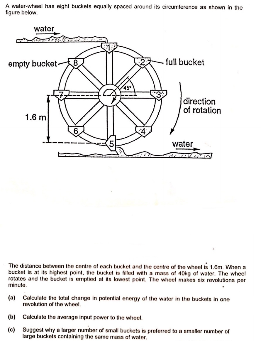 A water-wheel has eight buckets equally spaced around its circumference as shown in the
figure below.
water
full bucket
empty bucket-
45°
direction
of rotation
1.6 m
water
The distance between the centre of each bucket and the centre of the wheel is 1.6m. When a
bucket is at its highest point, the bucket is filled with a mass of 40kg of water. The wheel
rotates and the bucket is emptied at its lowest point. The wheel makes six revolutions per
minute.
(a)
Calculate the total change in potential energy of the water in the buckets in one
revolution of the wheel.
(b)
Calculate the average input power to the wheel.
(c)
Suggest why a larger number of small buckets is preferred to a smaller number of
large buckets containing the same mass of water.
