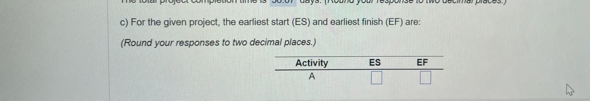he total p
c) For the given project, the earliest start (ES) and earliest finish (EF) are:
(Round your responses to two decimal places.)
Activity
A
ES
EF
decimal places.