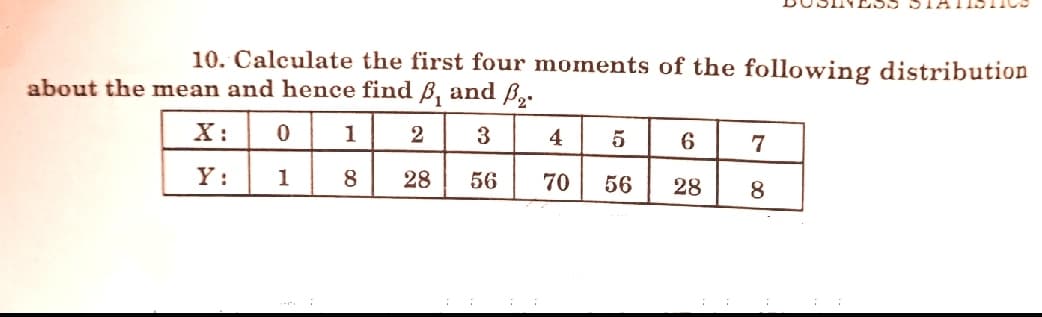10. Calculate the first four moments of the following distribution
about the mean and hence find B, and B,.
X:
1
2
4
6.
7
Y:
1
8
28
56
70
56
28
8
