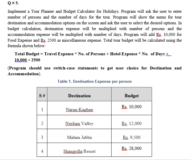 Q # 3.
Implement a Tour Planner and Budget Calculator for Holidays. Program will ask the user to enter
number of persons and the number of days for the tour. Program will show the menu for tour
destination and accommodation options on the screen and ask the user to select the desired options. In
budget calculation, destination expense will be multiplied with number of persons and the
accommodation expense will be multiplied with number of days. Program will add Rs. 10,000 for
Food Expense and Rs, 2500 as miscellaneous expense. Total tour budget will be calculated using the
formula shown below:
Total Budget = Travel Expense * No. of Persons + Hotel Expense * No. of Days tm
10.000 + 2500
(Program should use switch-case statements to get user choice for Destination and
Accommodation).
Table 1. Destination Expense per person
S#
Destination
Budget
Rs. 10,000
1
Naran-Kaghan
Neelum Valley
Rs. 12,000
3
Malam Jabba
Rs. 9,500
Rs. 28,000
4
Shangrilla Resort
%23
