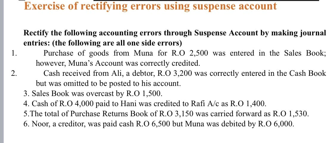 Exercise of rectifying errors using suspense account
Rectify the following accounting errors through Suspense Account by making journal
entries: (the following are all one side errors)
1.
Purchase of goods from Muna for R.O 2,500 was entered in the Sales Book;
however, Muna's Account was correctly credited.
2.
Cash received from Ali, a debtor, R.O 3,200 was correctly entered in the Cash Book
but was omitted to be posted to his account.
3. Sales Book was overcast by R.O 1,500.
4. Cash of R.O 4,000 paid to Hani was credited to Rafi A/c as R.O 1,400.
5. The total of Purchase Returns Book of R.O 3,150 was carried forward as R.O 1,530.
6. Noor, a creditor, was paid cash R.O 6,500 but Muna was debited by R.O 6,000.