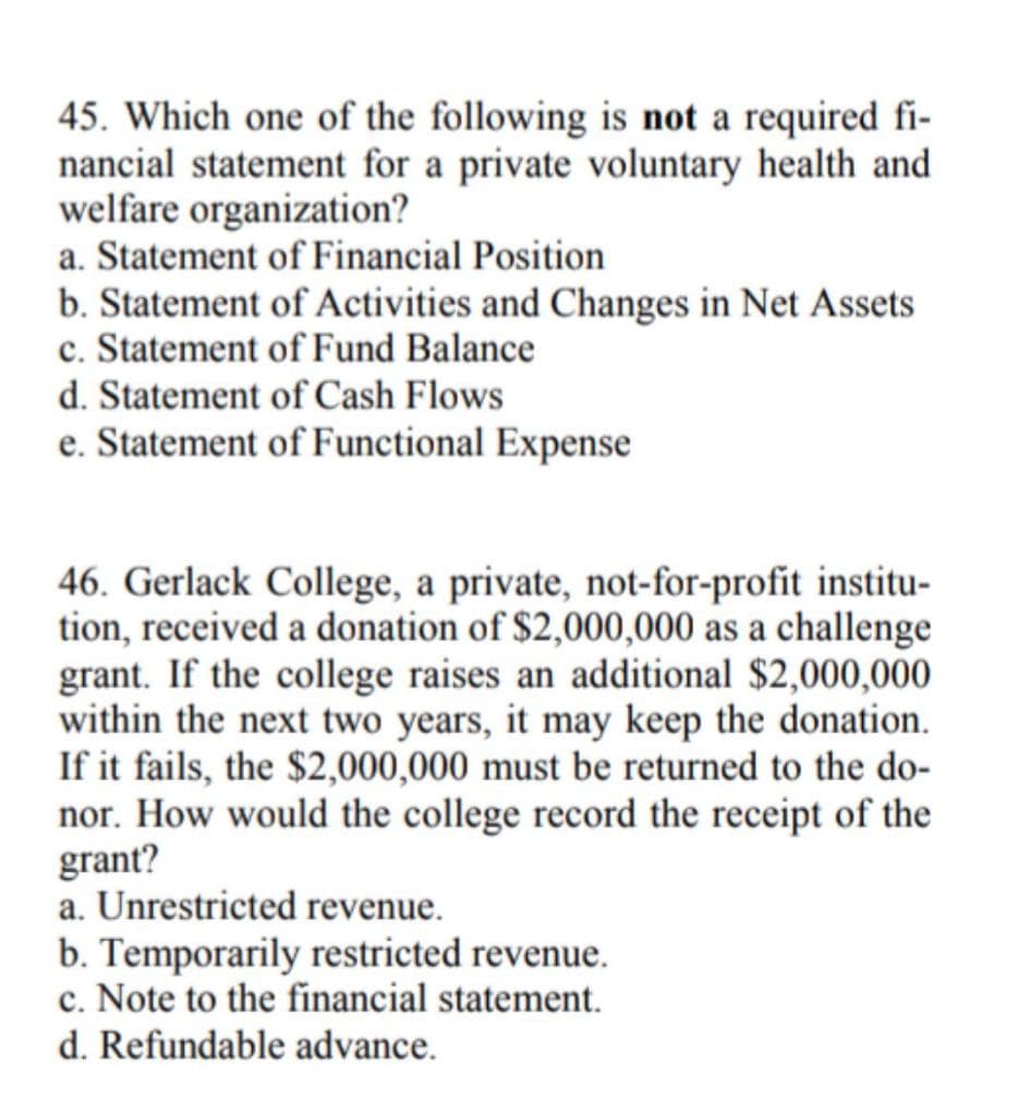 45. Which one of the following is not a required fi-
nancial statement for a private voluntary health and
welfare organization?
a. Statement of Financial Position
b. Statement of Activities and Changes in Net Assets
c. Statement of Fund Balance
d. Statement of Cash Flows
e. Statement of Functional Expense
46. Gerlack College, a private, not-for-profit institu-
tion, received a donation of $2,000,000 as a challenge
grant. If the college raises an additional $2,000,000
within the next two years, it may keep the donation.
If it fails, the $2,000,000 must be returned to the do-
nor. How would the college record the receipt of the
grant?
a. Unrestricted revenue.
b. Temporarily restricted revenue.
c. Note to the financial statement.
d. Refundable advance.
