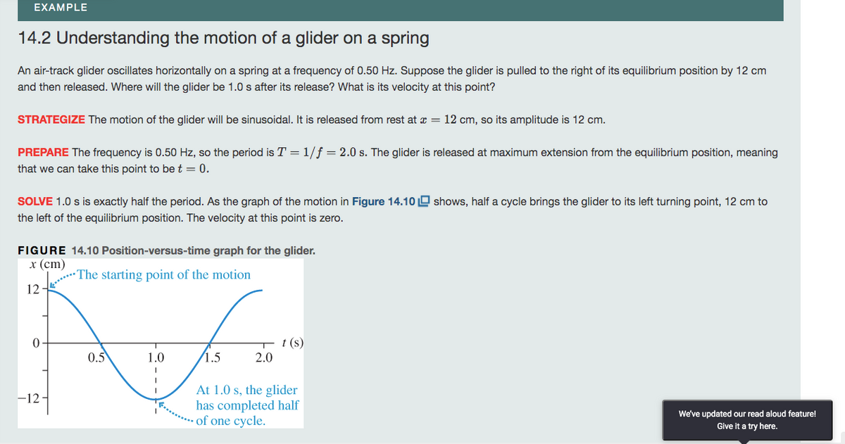 EXAMPLE
14.2 Understanding the motion of a glider on a spring
An air-track glider oscillates horizontally on a spring at a frequency of 0.50 Hz. Suppose the glider is pulled to the right of its equilibrium position by 12 cm
and then released. Where will the glider be 1.0 s after its release? What is its velocity at this point?
STRATEGIZE The motion of the glider will be sinusoidal. It is released from rest at a = 12 cm, so its amplitude is 12 cm.
PREPARE The frequency is 0.50 Hz, so the period is T = 1/f = 2.0 s. The glider is released at maximum extension from the equilibrium position, meaning
that we can take this point to be t = 0.
SOLVE 1.0 s is exactly half the period. As the graph of the motion in Figure 14.10O shows, half a cycle brings the glider to its left turning point, 12 cm to
the left of the equilibrium position. The velocity at this point is zero.
FIGURE 14.10 Position-versus-time graph for the glider.
x (ст)
LZThe starting point of the motion
12
T t (s)
2.0
0.5
1.0
1.5
At 1.0 s, the glider
has completed half
of one cycle.
-12-
We've updated our read aloud feature!
Give it a try here.
