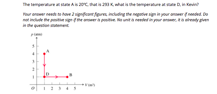 The temperature at state A is 20°C, that is 293 K, what is the temperature at state D, in Kevin?
Your answer needs to have 2 significant figures, including the negative sign in your answer if needed. Do
not include the positive sign if the answer is positive. No unit is needed in your answer, it is already given
in the question statement.
p (atm)
5
3.
2
D, B
V (m)
0| 1 2 3 4 5
41
