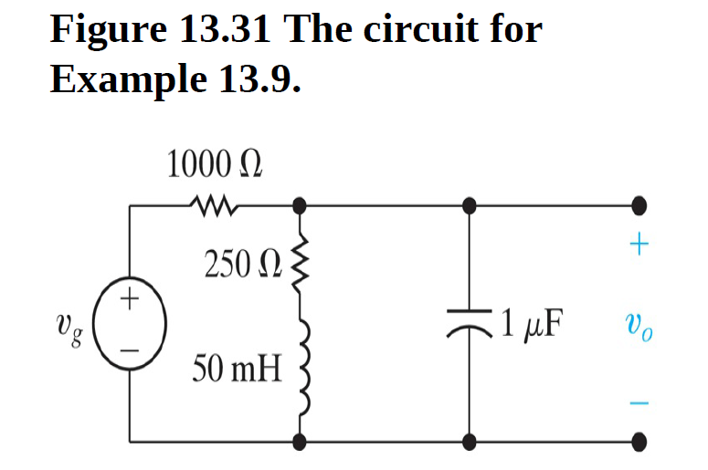 Figure 13.31 The circuit for
Example 13.9.
1000 N
250 03
1 µF
Vo
50 mH
