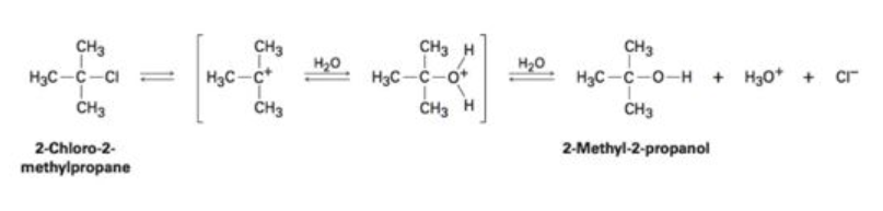 CH3
CH3
CH3 H
CH3
H20
H3C-C-o
H3C-C-0-H + H30* + cr
CH3
H3C-C-CI
H3C-c
CH3
CH3
CH3 H
2-Chloro-2-
methylpropane
2-Methyl-2-propanol

