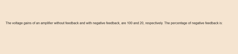 The voltage gains of an amplifier without feedback and with negative feedback, are 100 and 20, respectively. The percentage of negative feedback is: