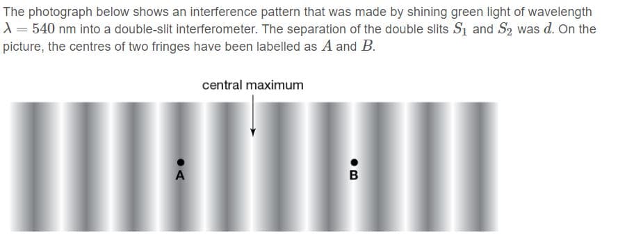 The photograph below shows an interference pattern that was made by shining green light of wavelength
A = 540 nm into a double-slit interferometer. The separation of the double slits Si and S2 was d. On the
picture, the centres of two fringes have been labelled as A and B.
central maximum
B
